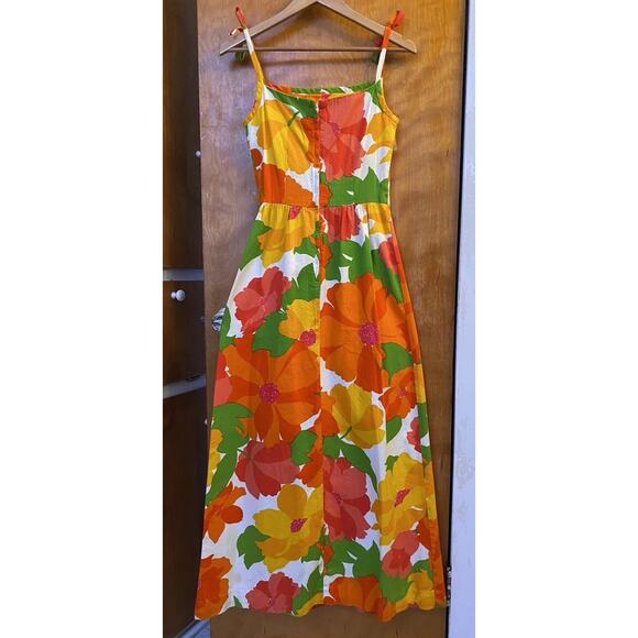 Vtg 60s 70s Malia Honolulu Maxi Dress Psychedelic Floral Sun Neon Hawaiian XS S - Picture 4 of 10